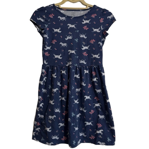 CARTER'S Dress Girls 10/12 Navy Blue Zebra Floral Print Short Sleeve Casual - Picture 1 of 4